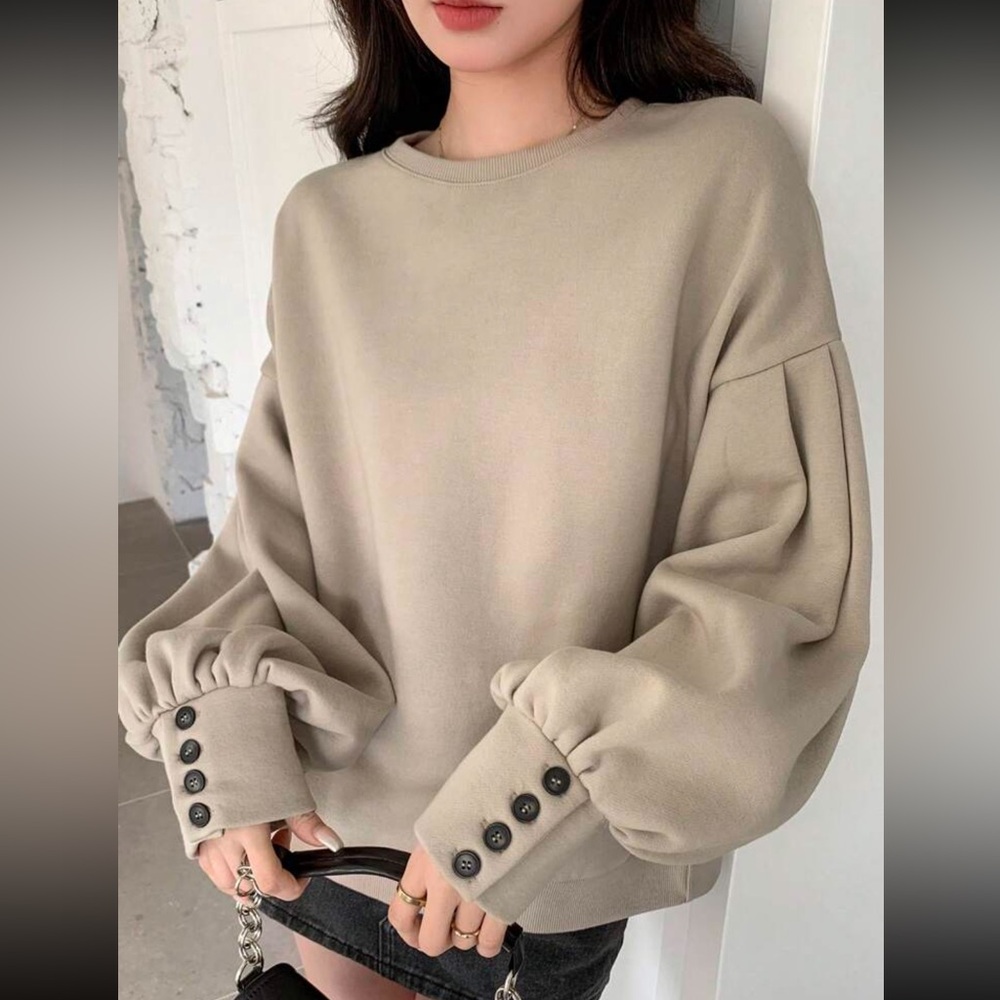 Puff Sleeve Oversized Crew Neck Pullover Sweater … - image 2